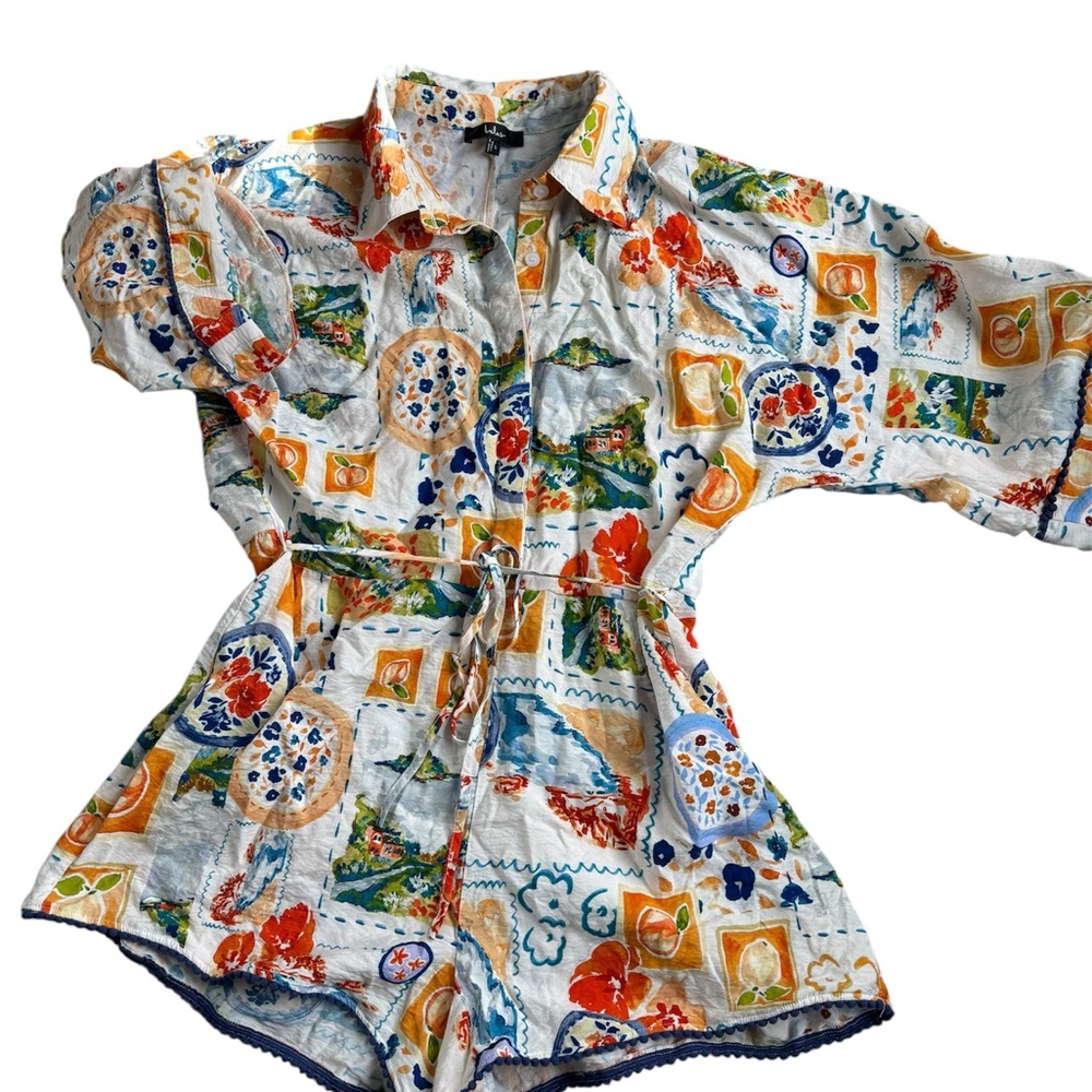 Lulus Postcard Print Collared Waist Tie Romper | Coastal | Resortcore | L